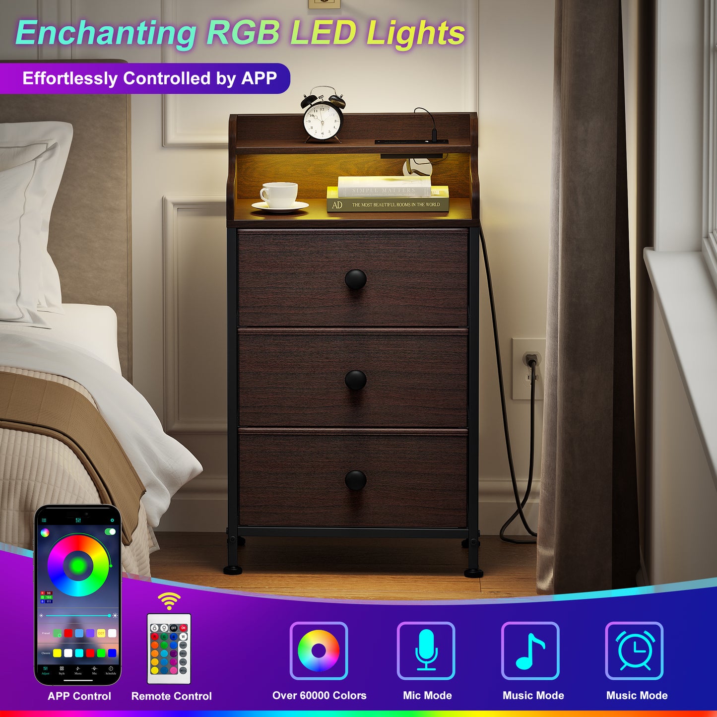 WOWLIVE Nightstand With 3 Drawers & 2-Tier Open Shelf, Bedside Table With LED& 2 USB Ports, Stable Metal Frame