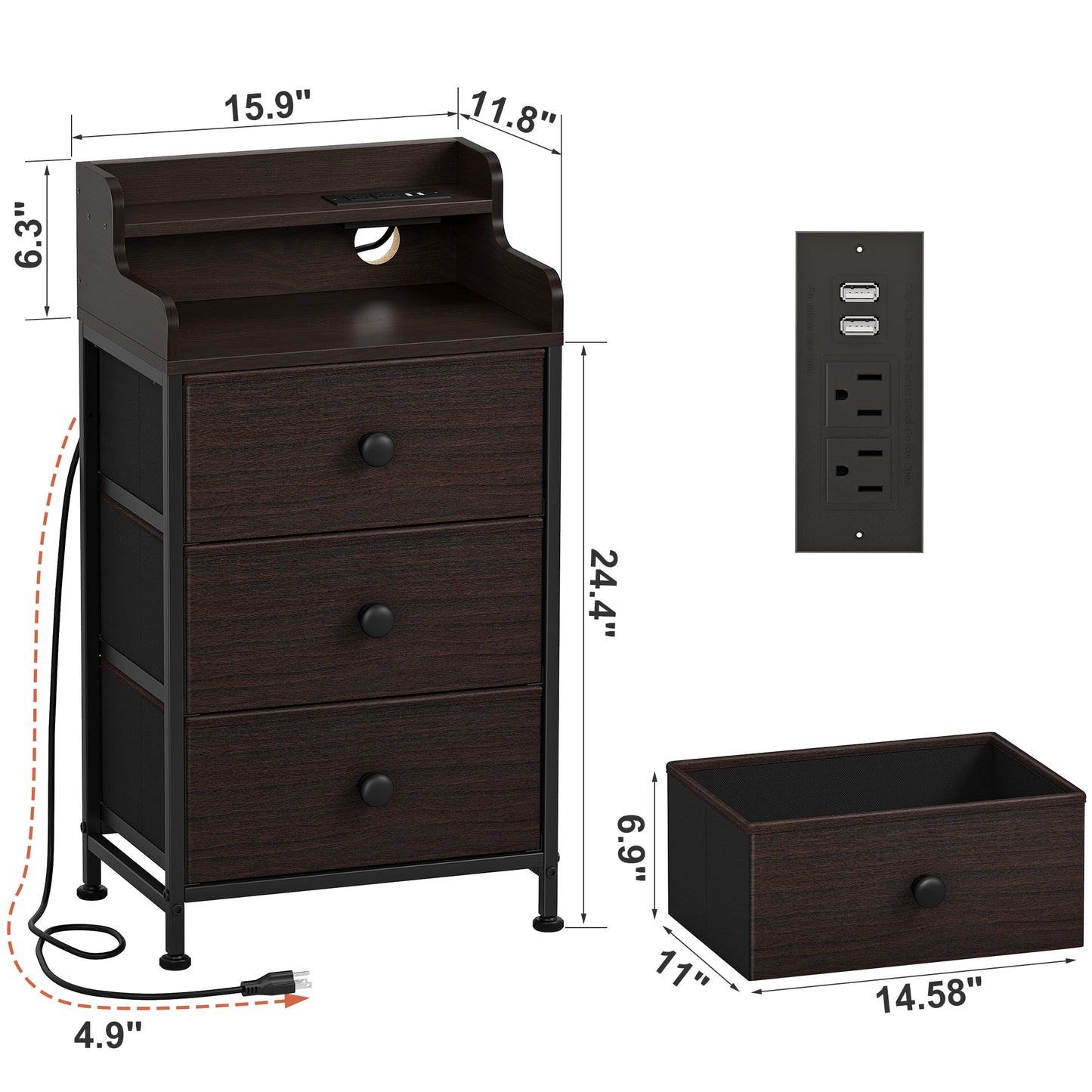 WOWLIVE Nightstand With 3 Drawers & 2-Tier Open Shelf, Bedside Table With LED& 2 USB Ports, Stable Metal Frame