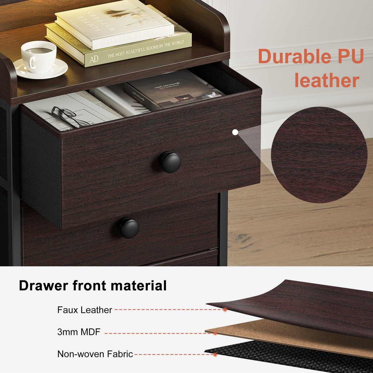 WOWLIVE Nightstand With 3 Drawers & 2-Tier Open Shelf, Bedside Table With LED& 2 USB Ports, Stable Metal Frame