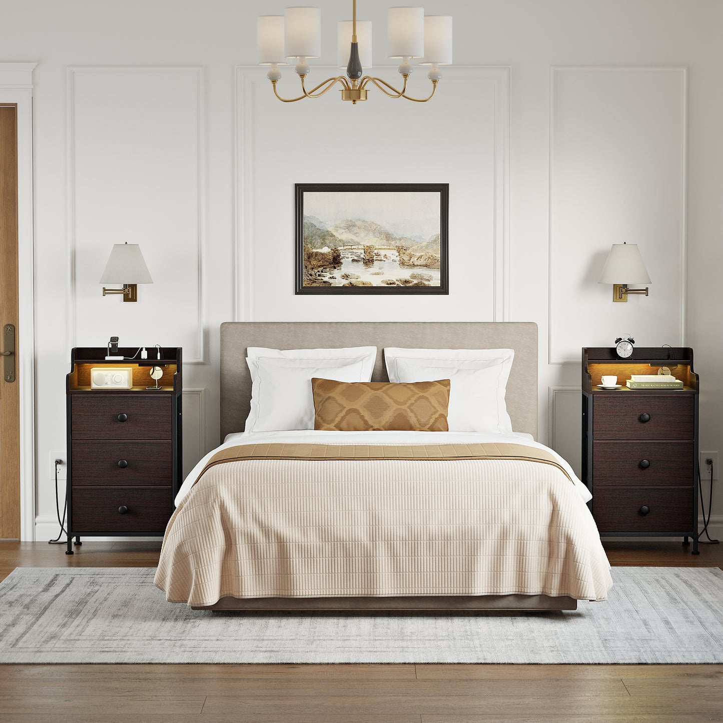 WOWLIVE Nightstand With 3 Drawers & 2-Tier Open Shelf, Bedside Table With LED& 2 USB Ports, Stable Metal Frame