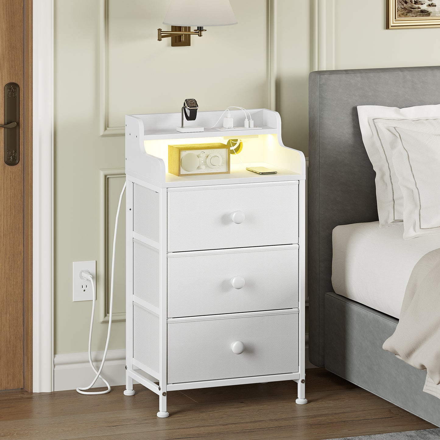 WOWLIVE Nightstand With 3 Drawers & 2-Tier Open Shelf, Bedside Table With LED& 2 USB Ports, Stable Metal Frame
