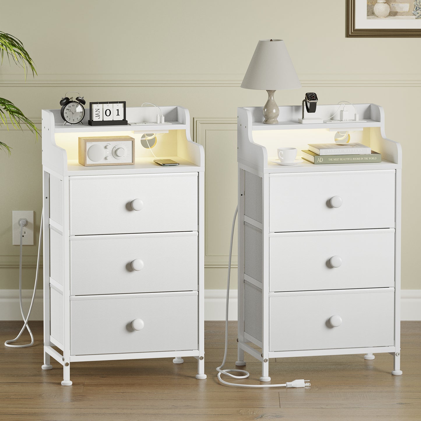 WOWLIVE Nightstand With 3 Drawers & 2-Tier Open Shelf, Bedside Table With LED& 2 USB Ports, Stable Metal Frame