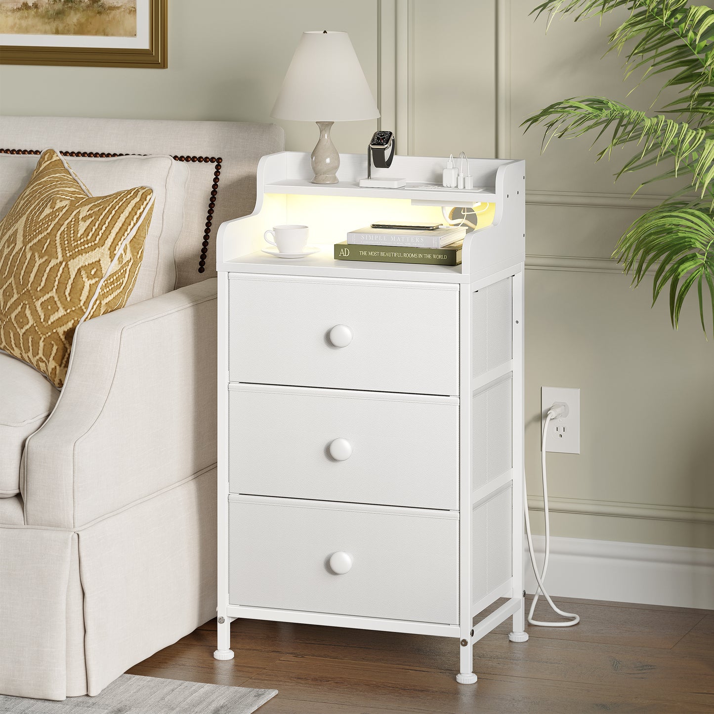 WOWLIVE Nightstand With 3 Drawers & 2-Tier Open Shelf, Bedside Table With LED& 2 USB Ports, Stable Metal Frame