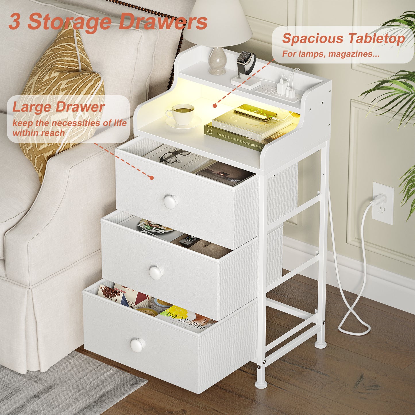 WOWLIVE Nightstand With 3 Drawers & 2-Tier Open Shelf, Bedside Table With LED& 2 USB Ports, Stable Metal Frame