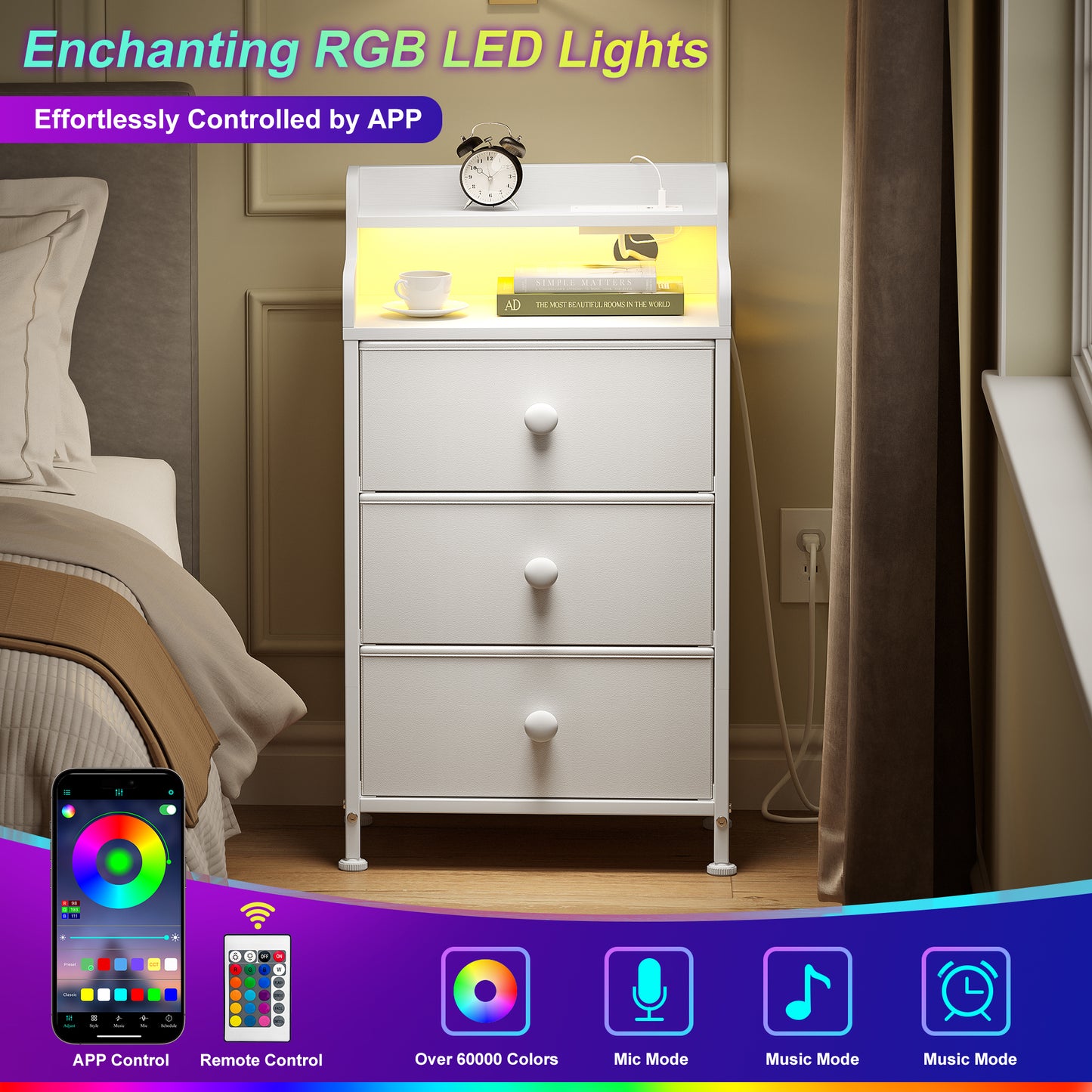 WOWLIVE Nightstand With 3 Drawers & 2-Tier Open Shelf, Bedside Table With LED& 2 USB Ports, Stable Metal Frame