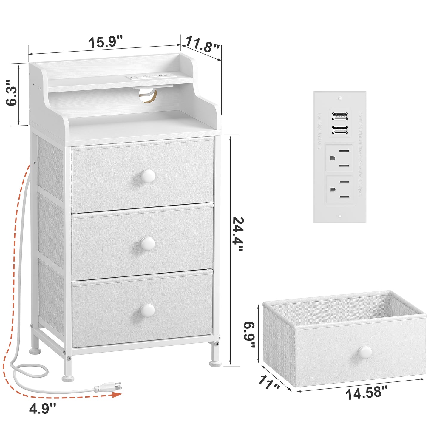 WOWLIVE Nightstand With 3 Drawers & 2-Tier Open Shelf, Bedside Table With LED& 2 USB Ports, Stable Metal Frame