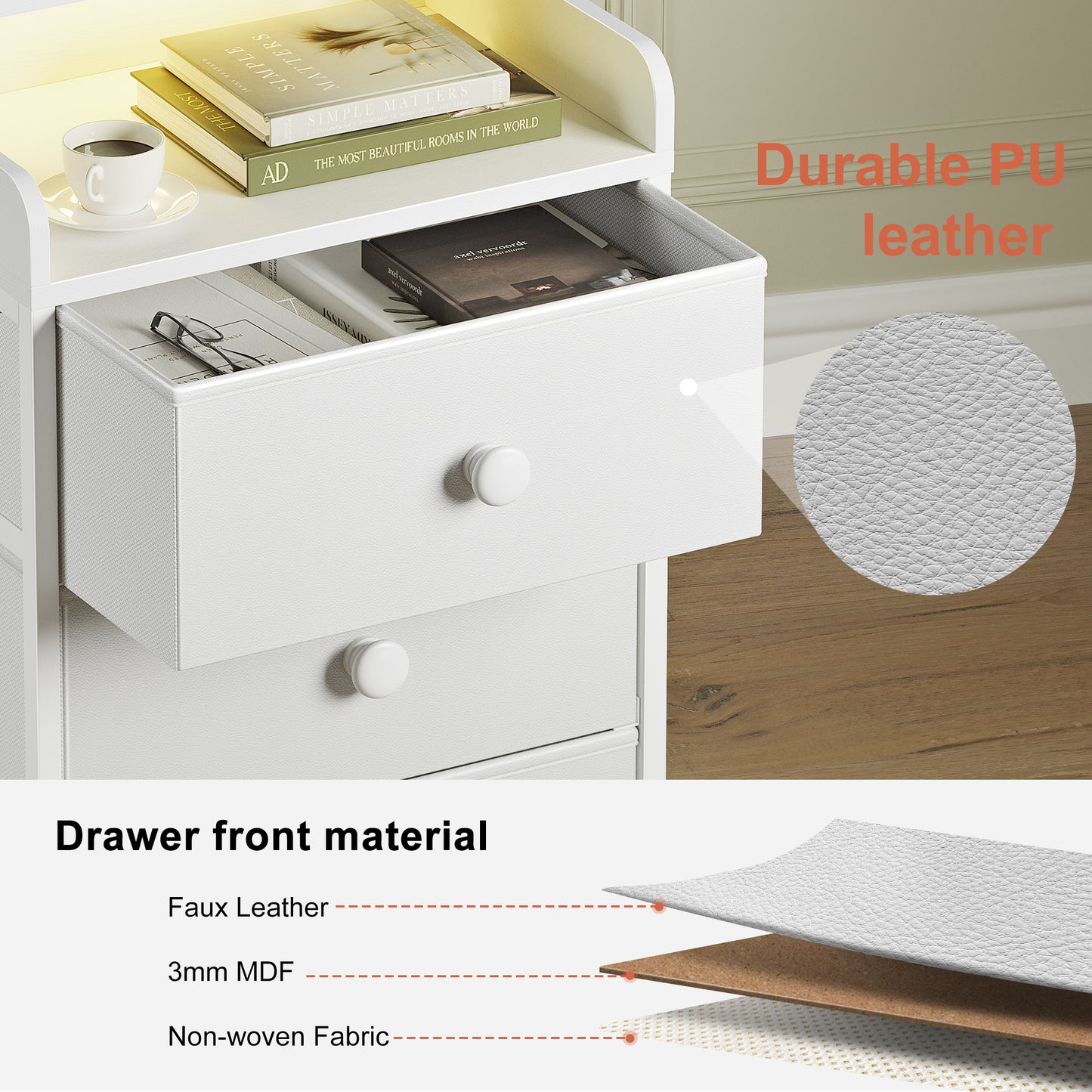 WOWLIVE Nightstand With 3 Drawers & 2-Tier Open Shelf, Bedside Table With LED& 2 USB Ports, Stable Metal Frame