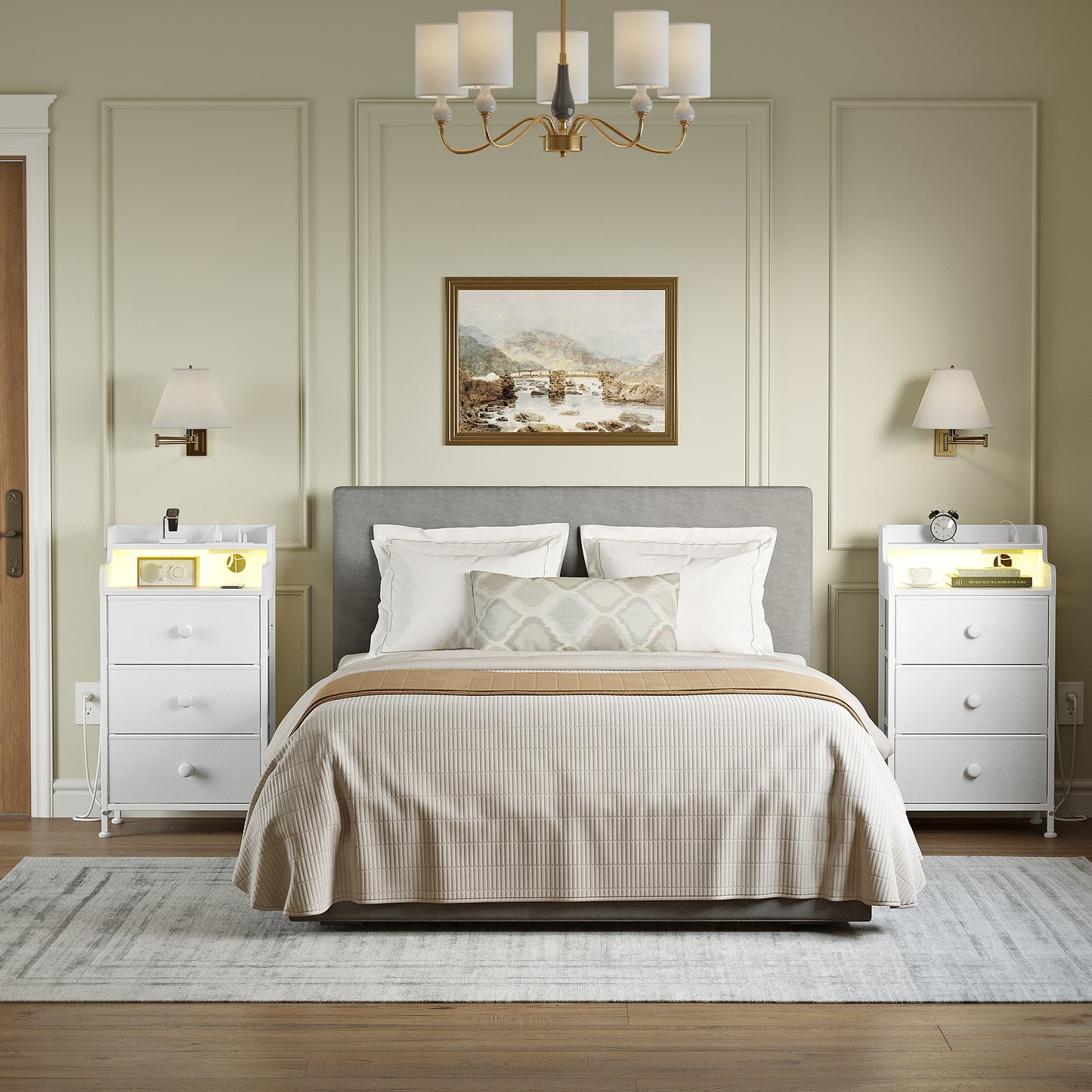 WOWLIVE Nightstand With 3 Drawers & 2-Tier Open Shelf, Bedside Table With LED& 2 USB Ports, Stable Metal Frame