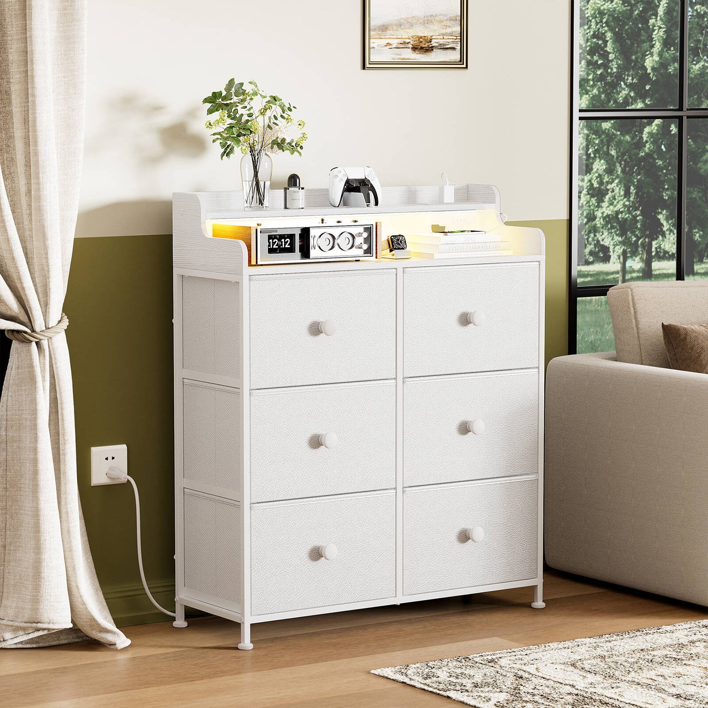 WOWLIVE Dresser for Bedroom with Charging Station and LED Lights, 6 Drawers Dresser TV Stand with Wooden Top, Tall Fabric Chest of Drawer with Sturdy Frame for Closet