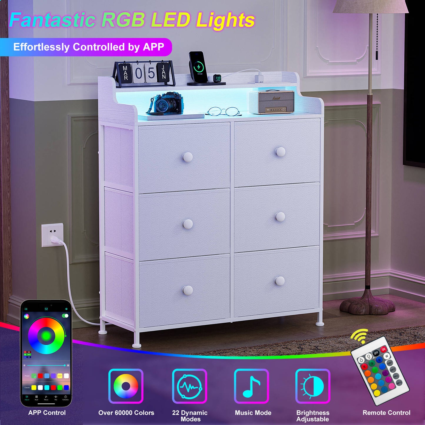 WOWLIVE Dresser for Bedroom with Charging Station and LED Lights, 6 Drawers Dresser TV Stand with Wooden Top, Tall Fabric Chest of Drawer with Sturdy Frame for Closet