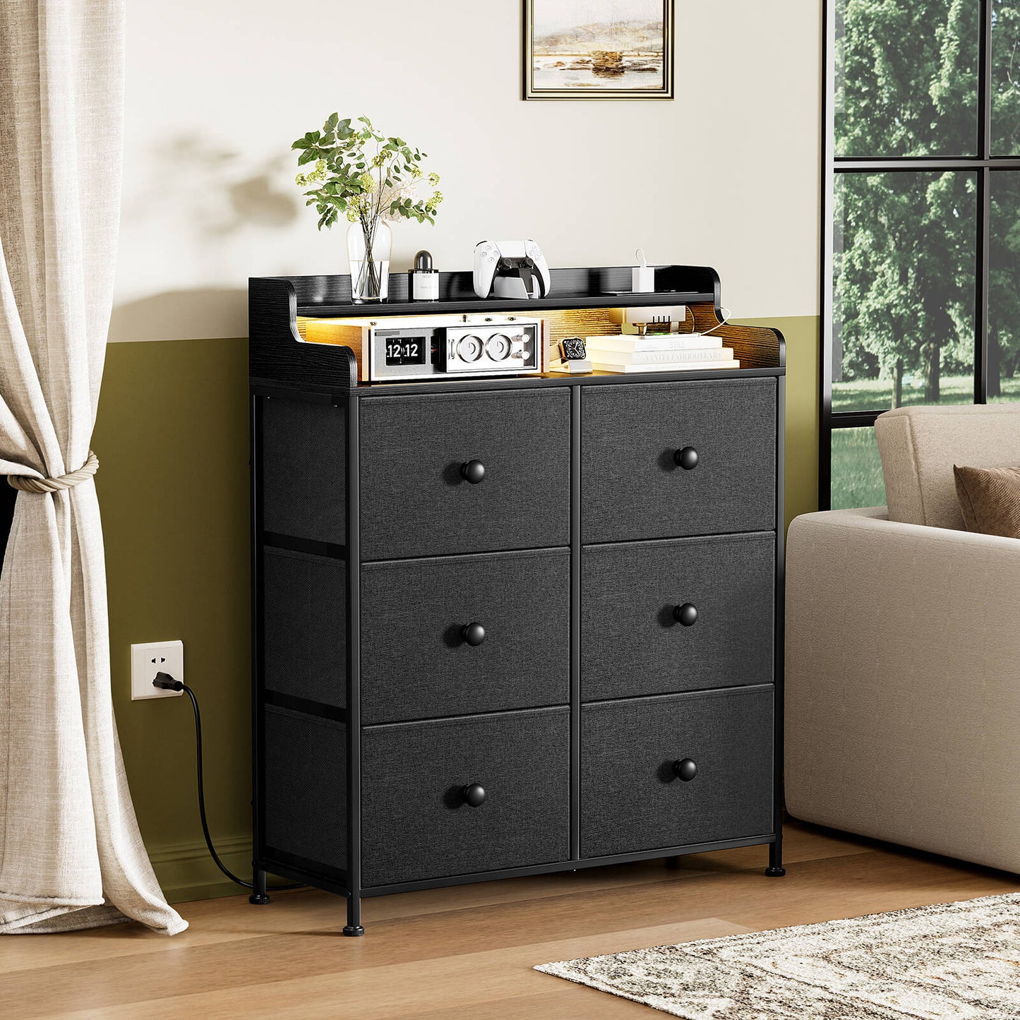 WOWLIVE Dresser for Bedroom with Charging Station and LED Lights, 6 Drawers Dresser TV Stand with Wooden Top, Tall Fabric Chest of Drawer with Sturdy Frame for Closet