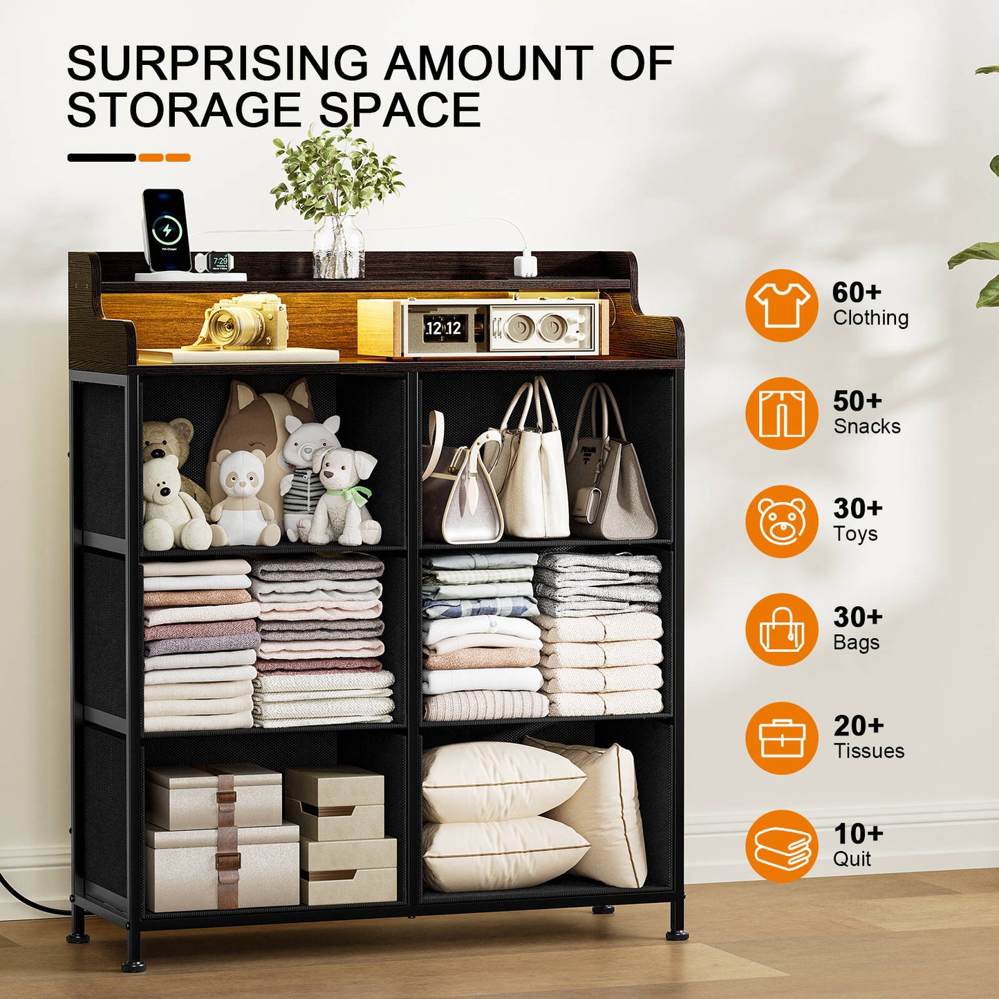 WOWLIVE Dresser for Bedroom with Charging Station and LED Lights, 6 Drawers Dresser TV Stand with Wooden Top, Tall Fabric Chest of Drawer with Sturdy Frame for Closet