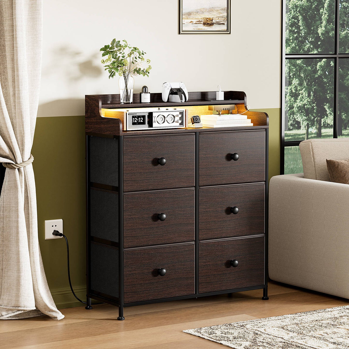 WOWLIVE Dresser for Bedroom with Charging Station and LED Lights, 6 Drawers Dresser TV Stand with Wooden Top, Tall Fabric Chest of Drawer with Sturdy Frame for Closet