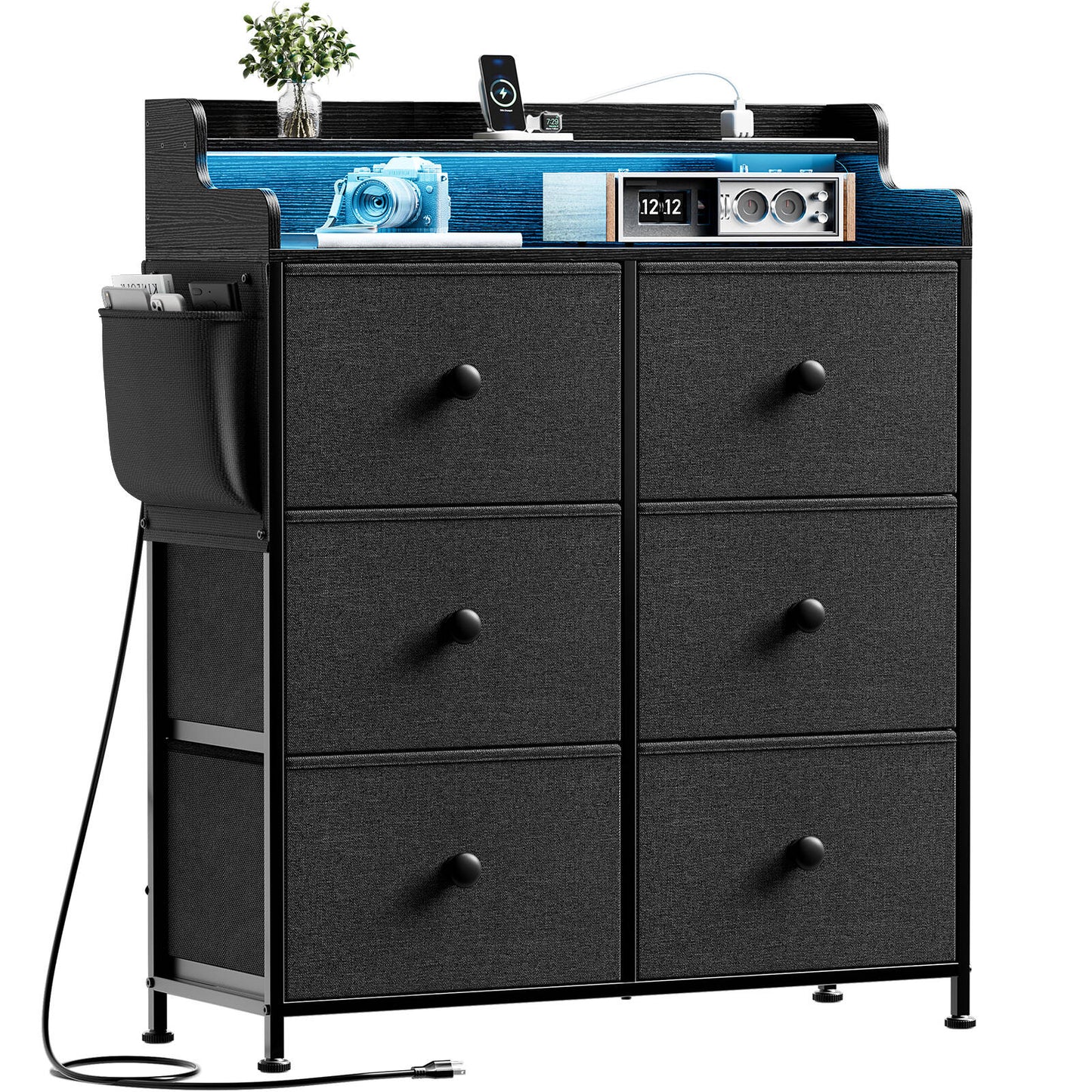 WOWLIVE Dresser for Bedroom with Charging Station and LED Lights, 6 Drawers Dresser TV Stand with Wooden Top, Tall Fabric Chest of Drawer with Sturdy Frame for Closet