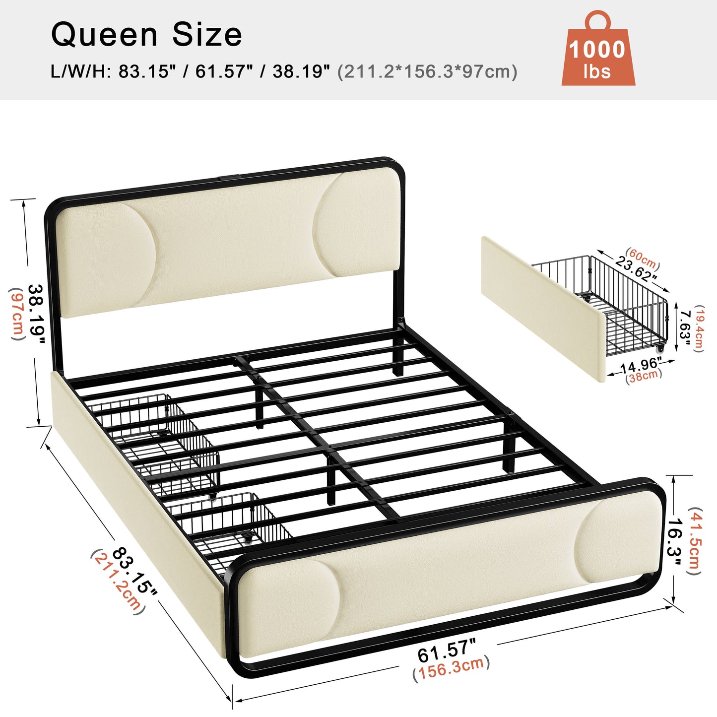 WOWLIVE Full/Queen/King Platform Bed with 2 Storage Drawers, Modern Bed Frame with Charging Station, No Spring Boxing Needed