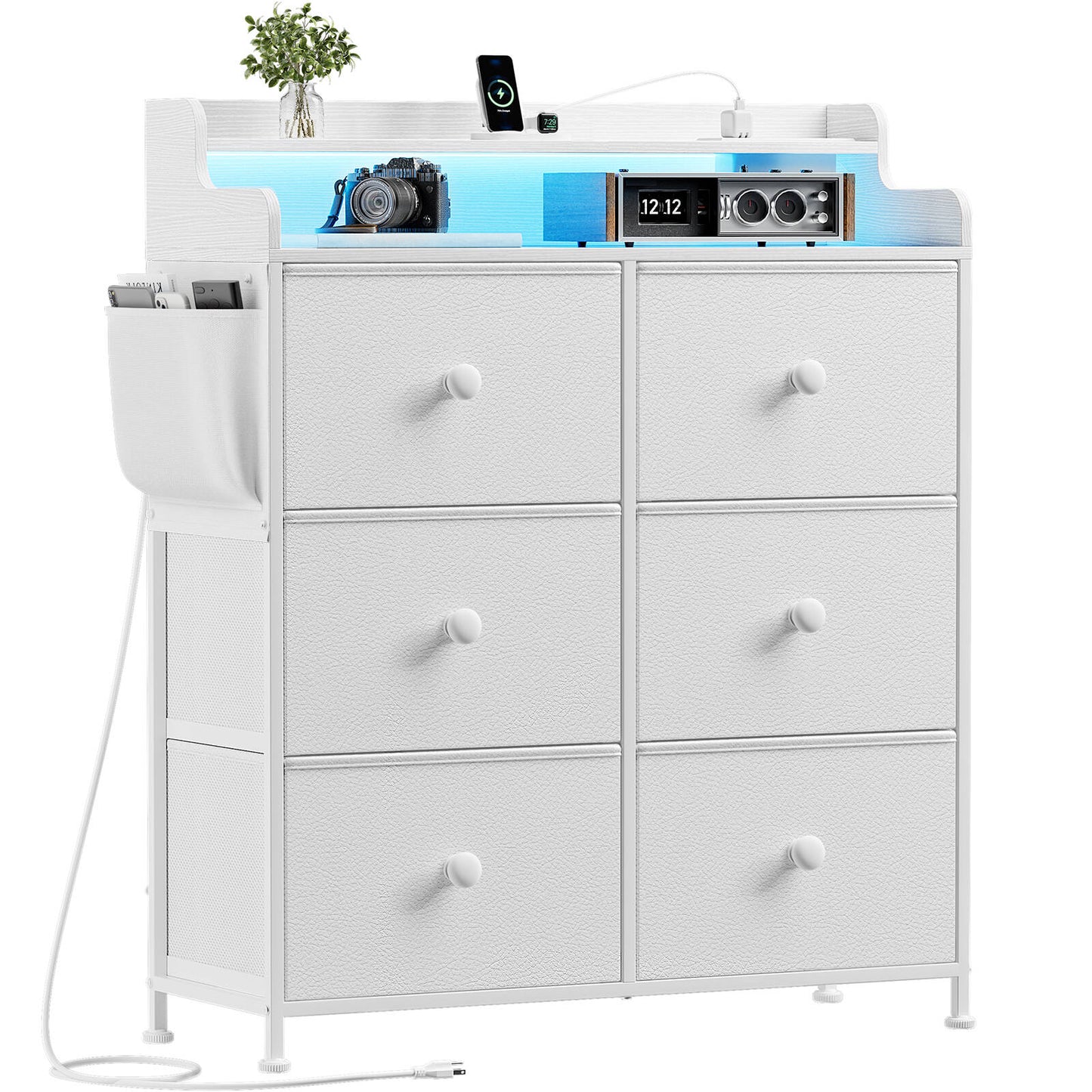 WOWLIVE Dresser for Bedroom with Charging Station and LED Lights, 6 Drawers Dresser TV Stand with Wooden Top, Tall Fabric Chest of Drawer with Sturdy Frame for Closet