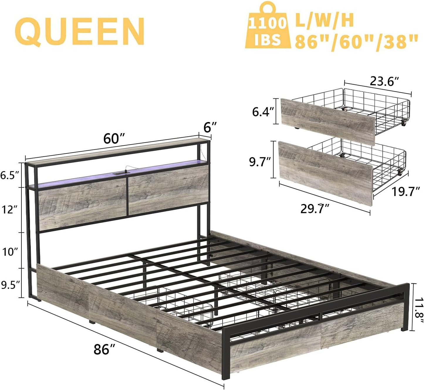 WOWLIVE Bed Frame with 4 Drawers, Modern bed with LED Light and Charging Station, Storage Headboard, No Spring Box Needed