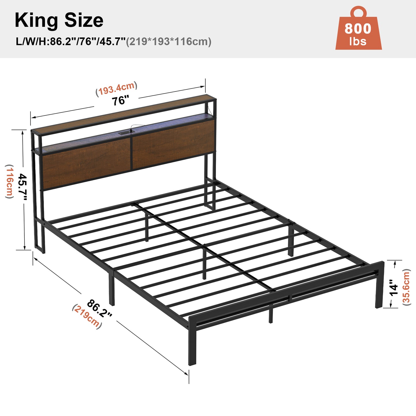 WOWLIVE Bed Frame with LED Light and Charging Station, Metal Frame with Storage Headboard, Large Storage Space, No Spring Box Needed