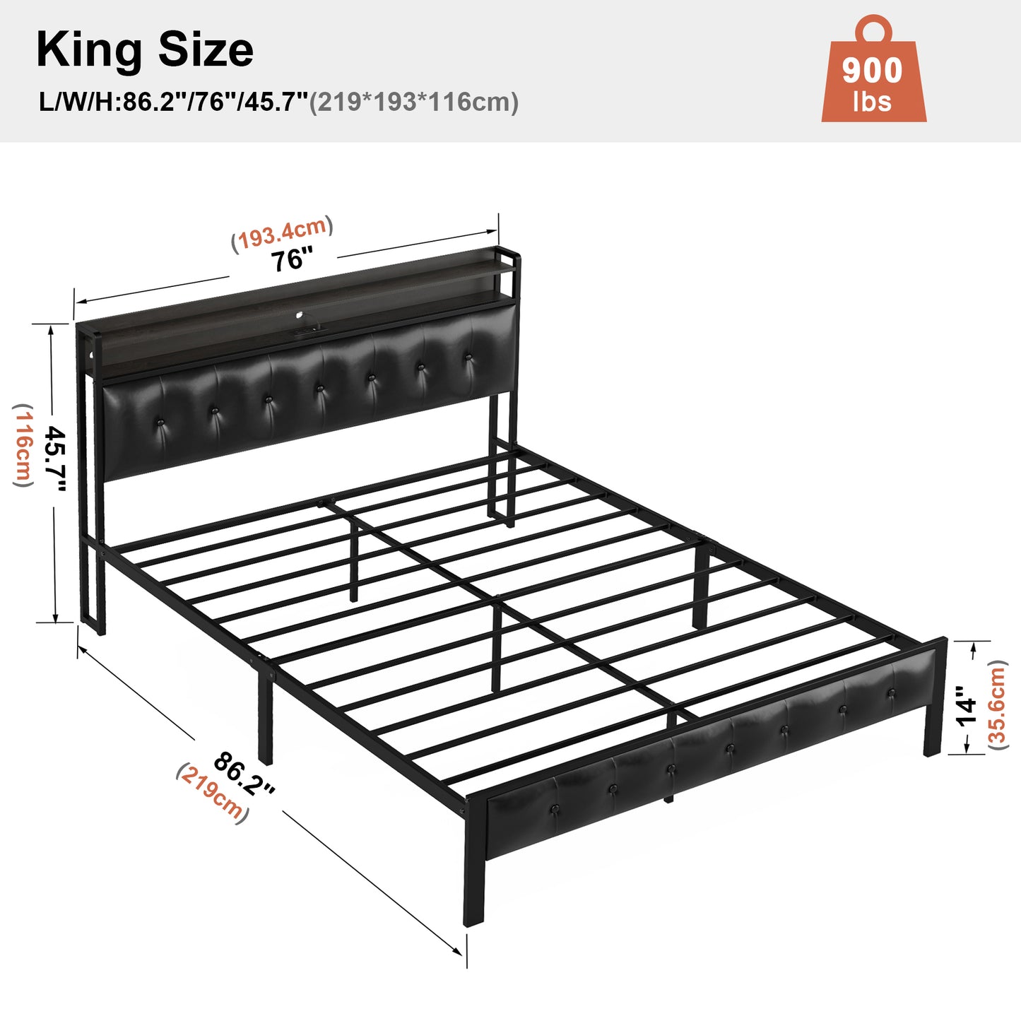 WOWLIVE Bed Frame with Storage Headboard, Metal Platform Bed Frame, Storage Bed with Charging Station and LED Light