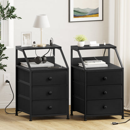 WOWLIVE Nightstands with 3 Drawers & Outlets, Bedside Tables with 2 USB Ports & 2-Tier Open Shelf