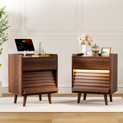 WOWLIVE Wooden Nightstand with 2 Drawers, Modern Bedside Table with Outlets & LED Lights, File Cabinet