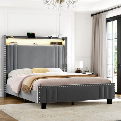 WOWLIVE Upholstered Wingback Bed with 52.12" High Storage Headboard,  Modern Upholstered Bed Frame with Outlet & LED Light