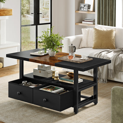 WOWLIVE Farmhouse Wood Coffee Table,  Small Cocktail Table with 2 Drawers