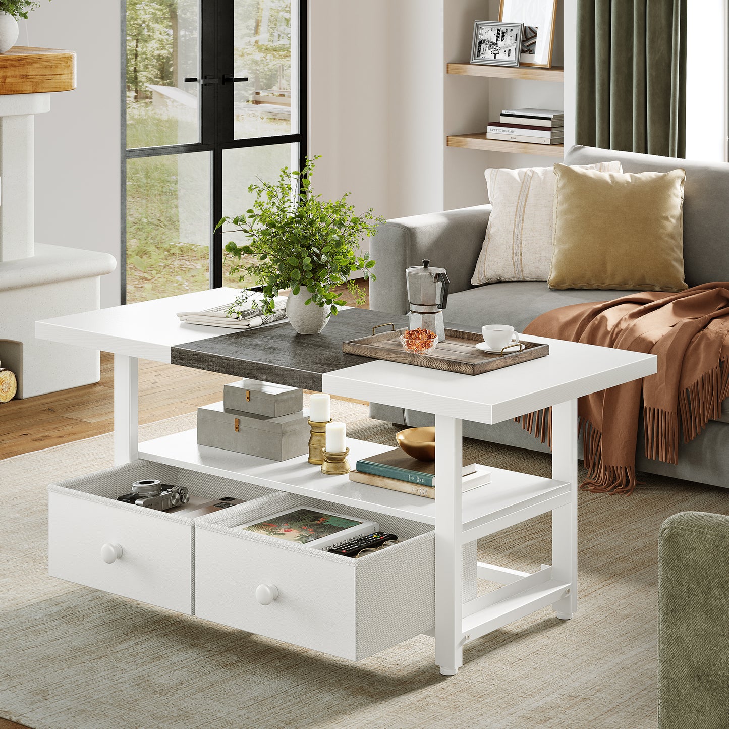WOWLIVE Farmhouse Wood Coffee Table,  Small Cocktail Table with 2 Drawers