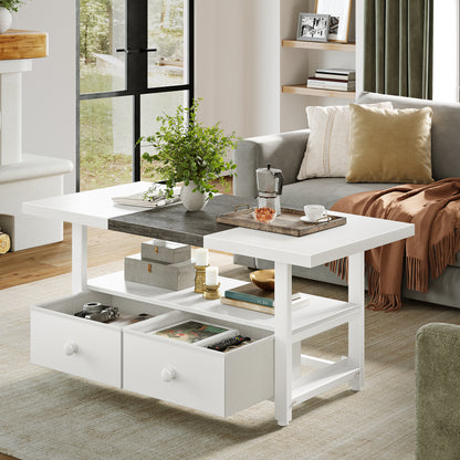 WOWLIVE Farmhouse Wood Coffee Table,  Small Cocktail Table with 2 Drawers