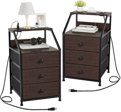 WOWLIVE Nightstands with 3 Drawers & Outlets, Bedside Tables with 2 USB Ports & 2-Tier Open Shelf
