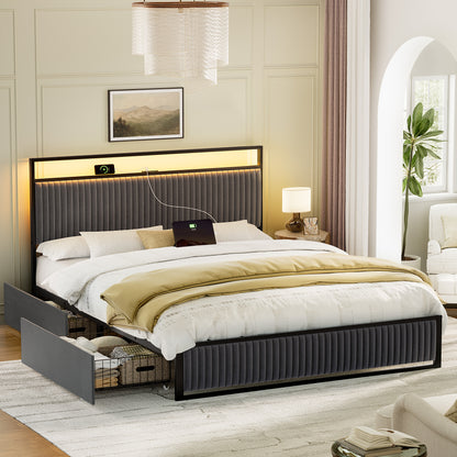 WOWLIVE Upholstered Bed with 2 Storage Drawers,  Modern Bed Frame with Charging Station & LED Light,  No Spring Box Needed