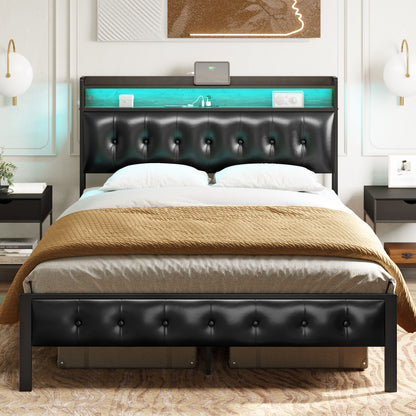 WOWLIVE Bed Frame with Storage Headboard,  Metal Platform Bed Frame,  Storage Bed with Charging Station and LED Light