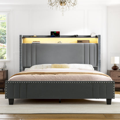 WOWLIVE Upholstered Wingback Bed with 52.12" High Storage Headboard,  Modern Upholstered Bed Frame with Outlet & LED Light