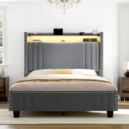 WOWLIVE Upholstered Wingback Bed with 52.12" High Storage Headboard,  Modern Upholstered Bed Frame with Outlet & LED Light