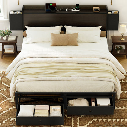 WOWLIVE Bed Frame with 2 Bedside Drawers & 2 Underbed Drawers,  Storage Bed with Outlet & Open Shelf