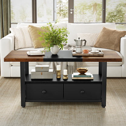 WOWLIVE Farmhouse Wood Coffee Table,  Small Cocktail Table with 2 Drawers
