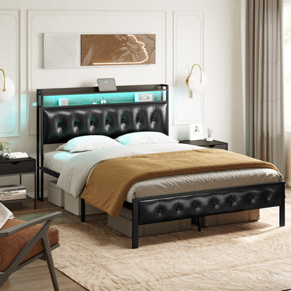 WOWLIVE Bed Frame with Storage Headboard,  Metal Platform Bed Frame,  Storage Bed with Charging Station and LED Light