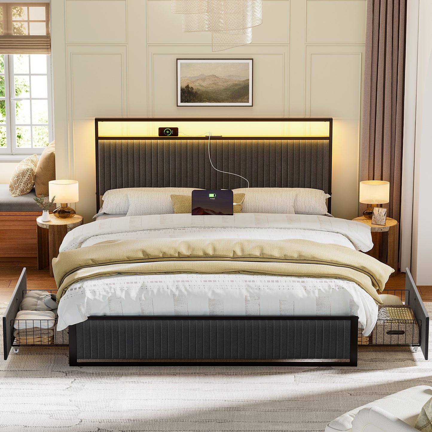 WOWLIVE Upholstered Bed with 2 Storage Drawers,  Modern Bed Frame with Charging Station & LED Light,  No Spring Box Needed