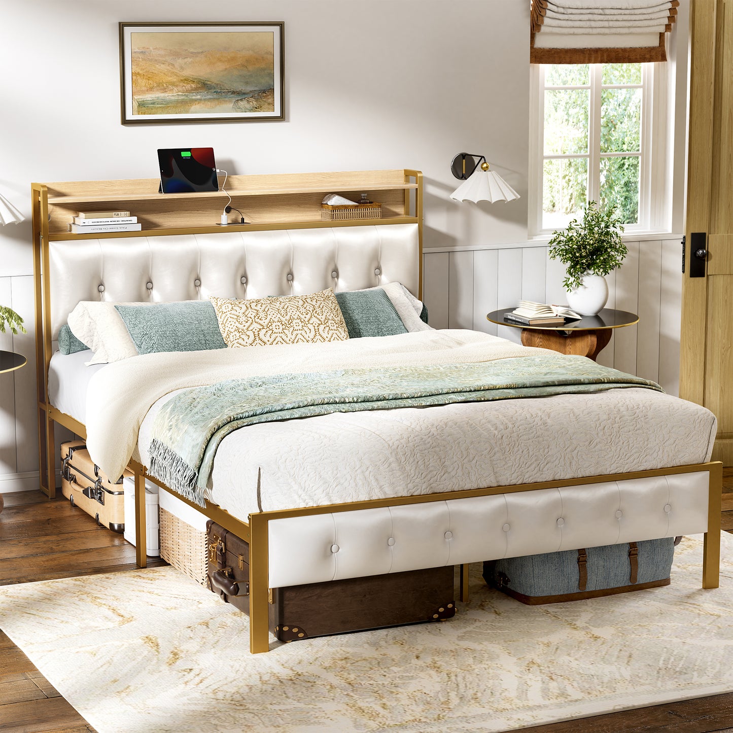 WOWLIVE Bed Frame with Storage Headboard,  Metal Platform Bed Frame,  Storage Bed with Charging Station and LED Light