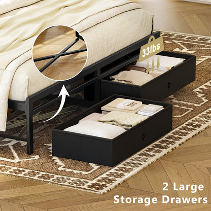 WOWLIVE Bed Frame with 2 Bedside Drawers & 2 Underbed Drawers,  Storage Bed with Outlet & Open Shelf