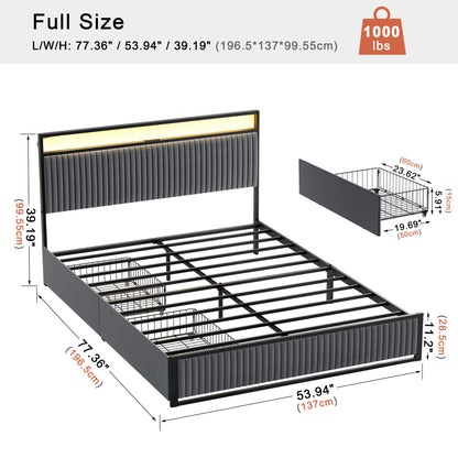 WOWLIVE Upholstered Bed with 2 Storage Drawers,  Modern Bed Frame with Charging Station & LED Light,  No Spring Box Needed