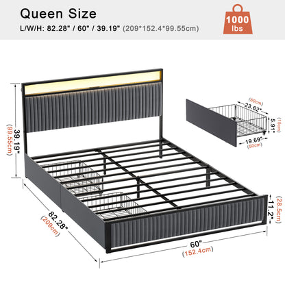 WOWLIVE Upholstered Bed with 2 Storage Drawers,  Modern Bed Frame with Charging Station & LED Light,  No Spring Box Needed