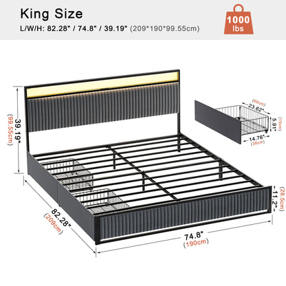 WOWLIVE Upholstered Bed with 2 Storage Drawers,  Modern Bed Frame with Charging Station & LED Light,  No Spring Box Needed