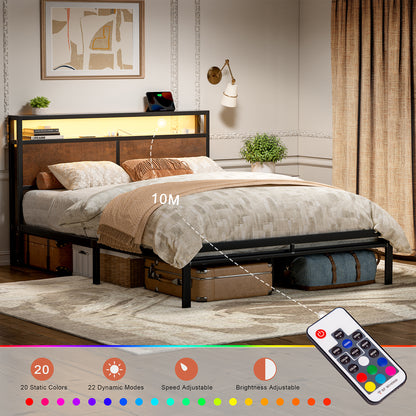 WOWLIVE Bed Frame with LED Light and Charging Station,  Metal Frame with Storage Headboard,  Large Storage Space,  No Spring Box Needed