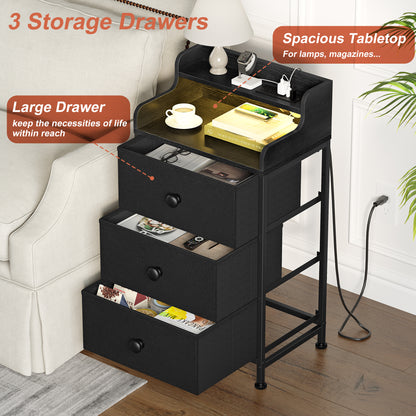 WOWLIVE Nightstand With 3 Drawers & 2-Tier Open Shelf, Bedside Table With LED& 2 USB Ports, Stable Metal Frame