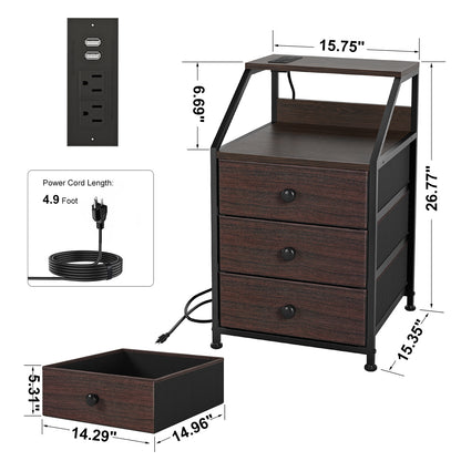 WOWLIVE Nightstands with 3 Drawers & Outlets, Bedside Tables with 2 USB Ports & 2-Tier Open Shelf