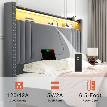 WOWLIVE Upholstered Wingback Bed with 52.12" High Storage Headboard,  Modern Upholstered Bed Frame with Outlet & LED Light