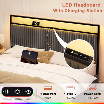 WOWLIVE Upholstered Bed with 2 Storage Drawers,  Modern Bed Frame with Charging Station & LED Light,  No Spring Box Needed