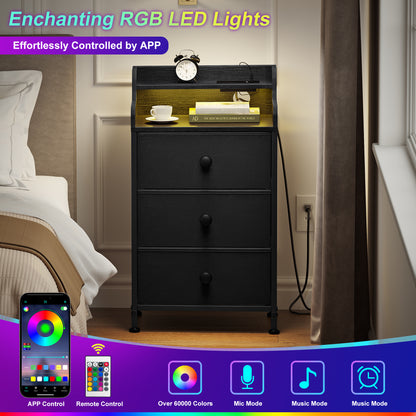 WOWLIVE Nightstand With 3 Drawers & 2-Tier Open Shelf, Bedside Table With LED& 2 USB Ports, Stable Metal Frame