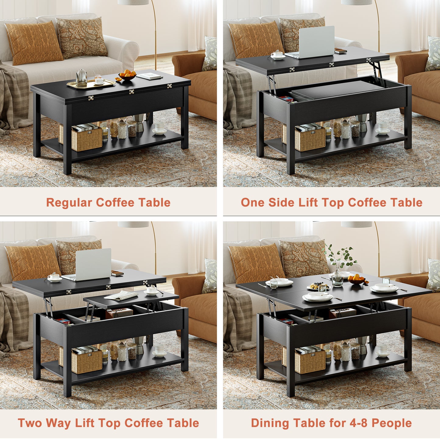 WOWLIVE Lift Top Coffee Table,  4-in-1 Multi-Function and Large Coffee Table with Storage